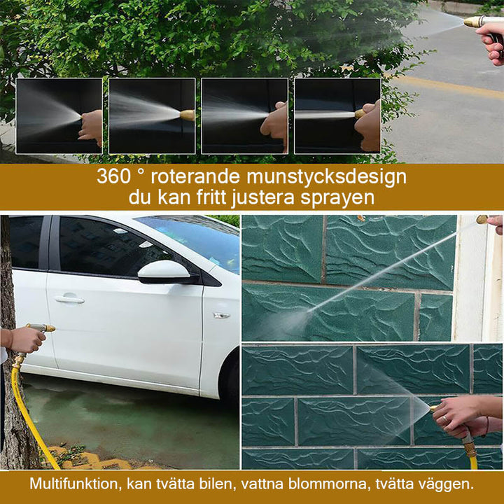 "Högtrycksvattenpistol med justerbart munstycke, silverfärgad, robust design av zinklegering för effektiv rengöring."