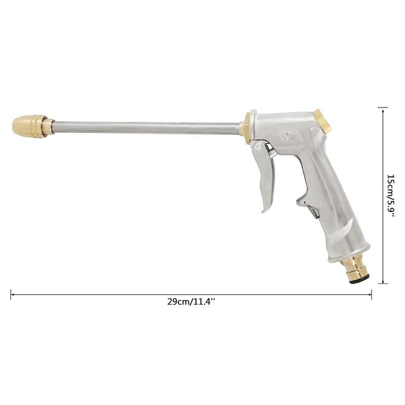 "Högtrycksvattenpistol med justerbart munstycke, silverfärgad, robust design av zinklegering för effektiv rengöring."