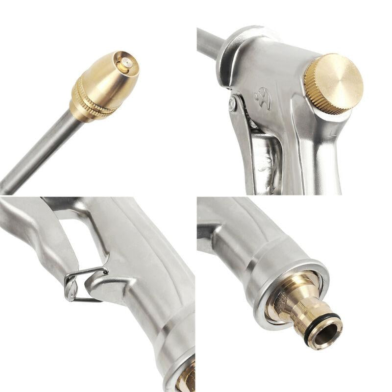 "Högtrycksvattenpistol med justerbart munstycke, silverfärgad, robust design av zinklegering för effektiv rengöring."