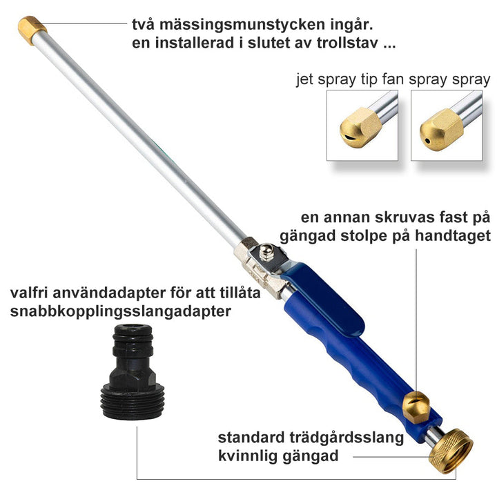 "Högtrycksvattenslang med munstycke i blå och silver, idealisk för trädgårdsvattning och biltvätt, säker och hållbar."
