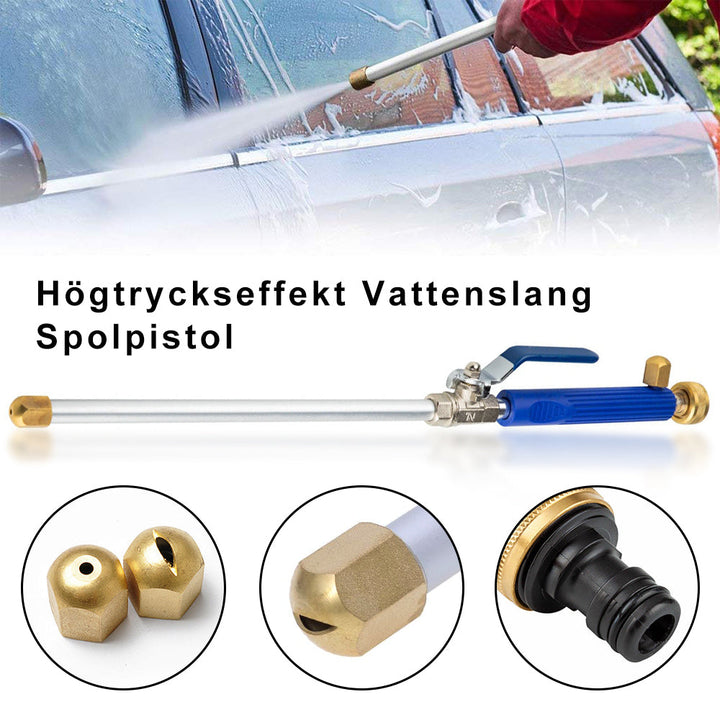 "Högtrycksvattenslang med munstycke i blå och silver, idealisk för trädgårdsvattning och biltvätt, säker och hållbar."