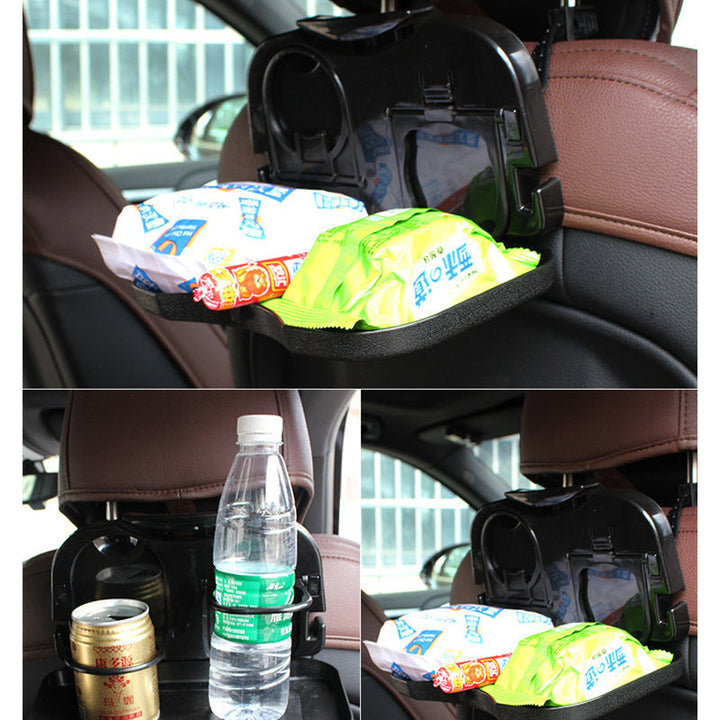 "Hopfällbar bilbricka för baksätet med förvaring och ställ i svart ABS-plast, perfekt för mat och multitasking i bilen."