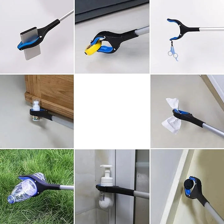 "Hopfällbar gripklo med ergonomiskt handtag och 360° vridbar klämma av aluminium, idealisk för mobilitet och enkel åtkomst."