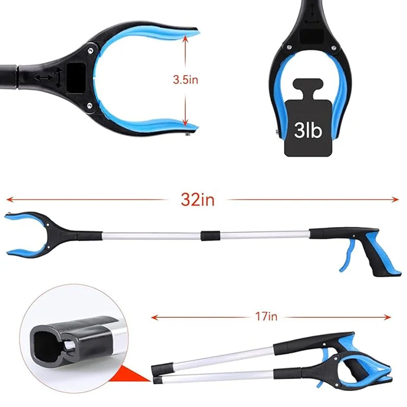 "Hopfällbar gripklo med ergonomiskt handtag och 360° vridbar klämma av aluminium, idealisk för mobilitet och enkel åtkomst."