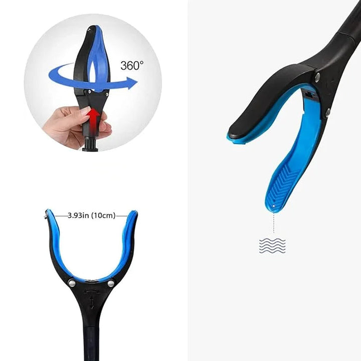"Hopfällbar gripklo med ergonomiskt handtag och 360° vridbar klämma av aluminium, idealisk för mobilitet och enkel åtkomst."