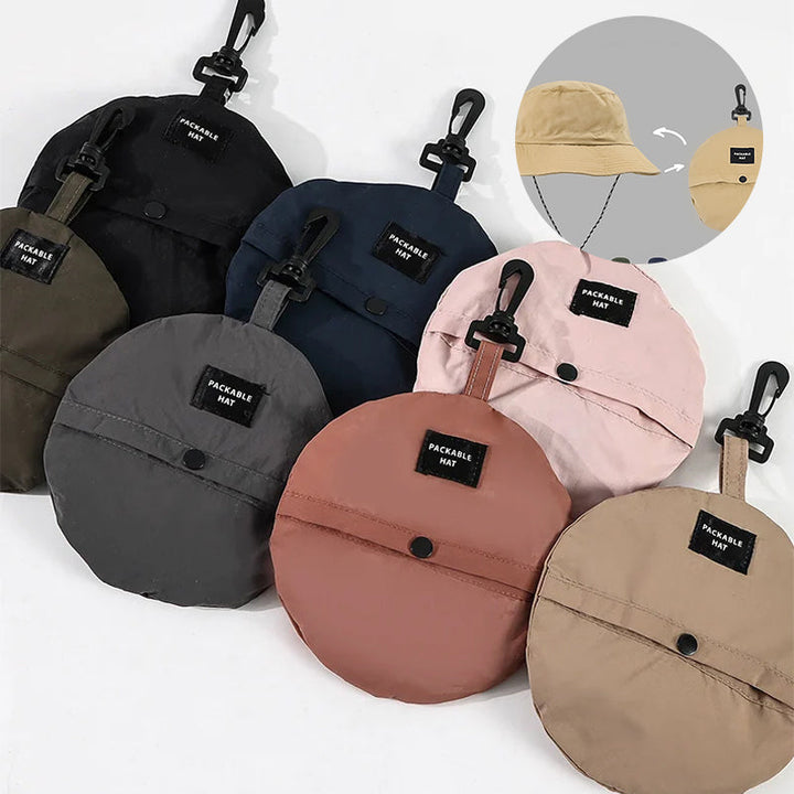 "Hopfällbar solhatt för damer med UV-skydd, bred brätte i vattentät polyester, trendig och enkel att bära."