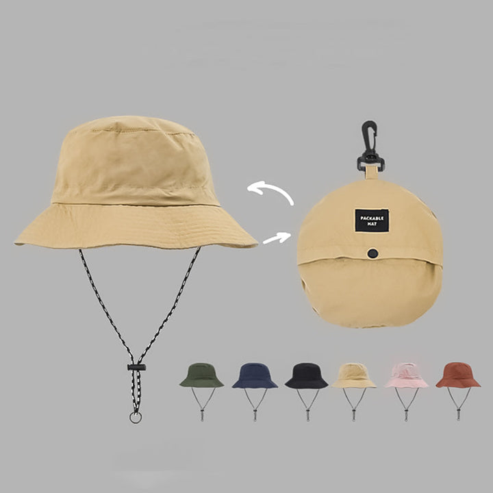 "Hopfällbar solhatt för damer med UV-skydd, bred brätte i vattentät polyester, trendig och enkel att bära."