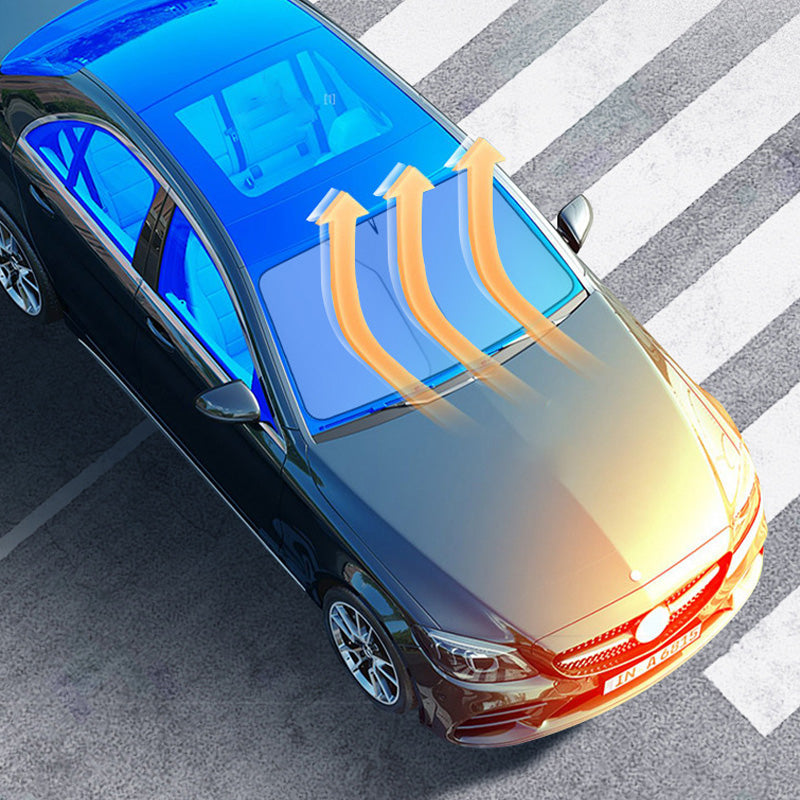 "Hopfällbar solskärm för bil i mediumstorlek, silverfärgad, skyddar mot UV-strålar och överhettning, kompakt design."