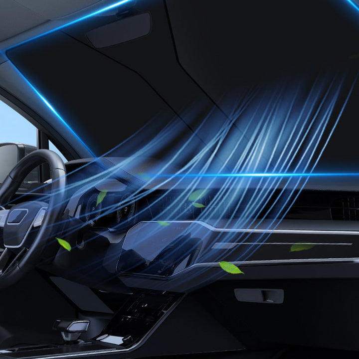 "Hopfällbar solskärm för bil i mediumstorlek, silverfärgad, skyddar mot UV-strålar och överhettning, kompakt design."