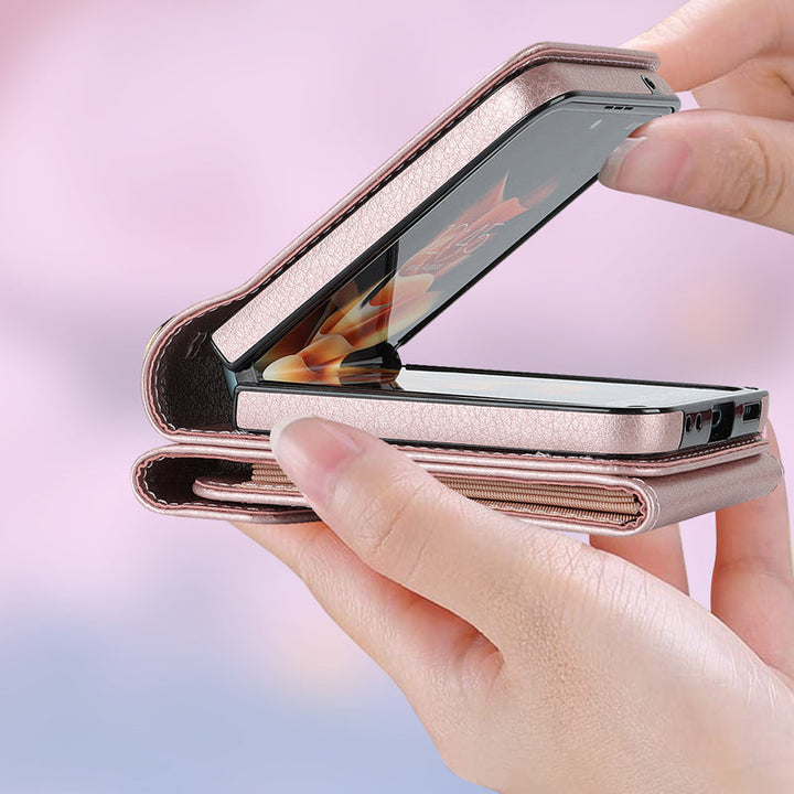 Hopfällbart Messenger Mobilfodral i elegant PU-läder, passande för Samsung Galaxy Z Flip, med justerbara axelband.