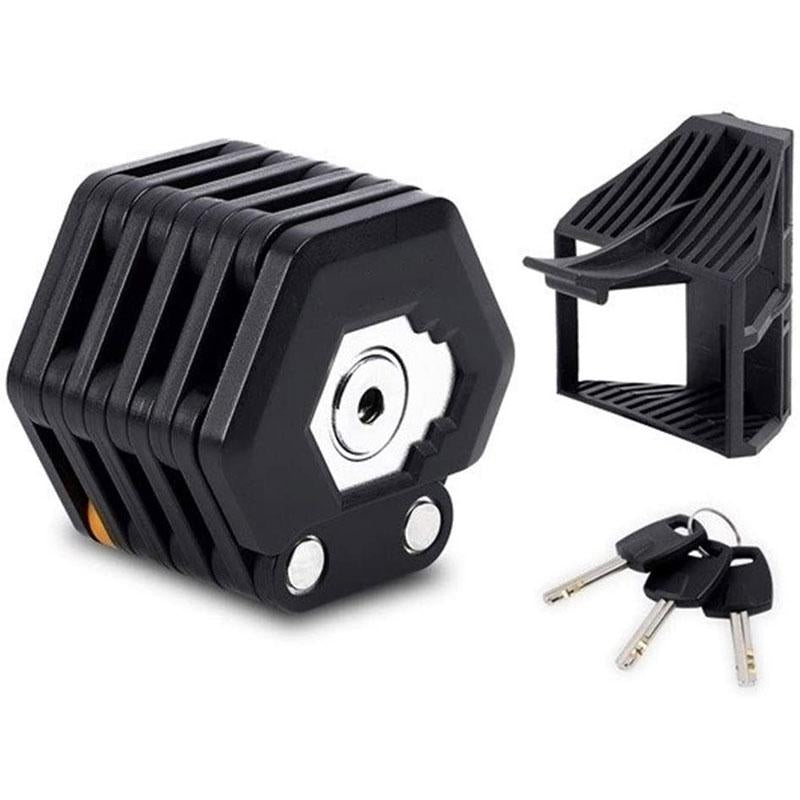 "Hopfällbart starkt cykellås i zinklegering med gummibeläggning, kompakt design, 26 leder för säker cykelförvaring."