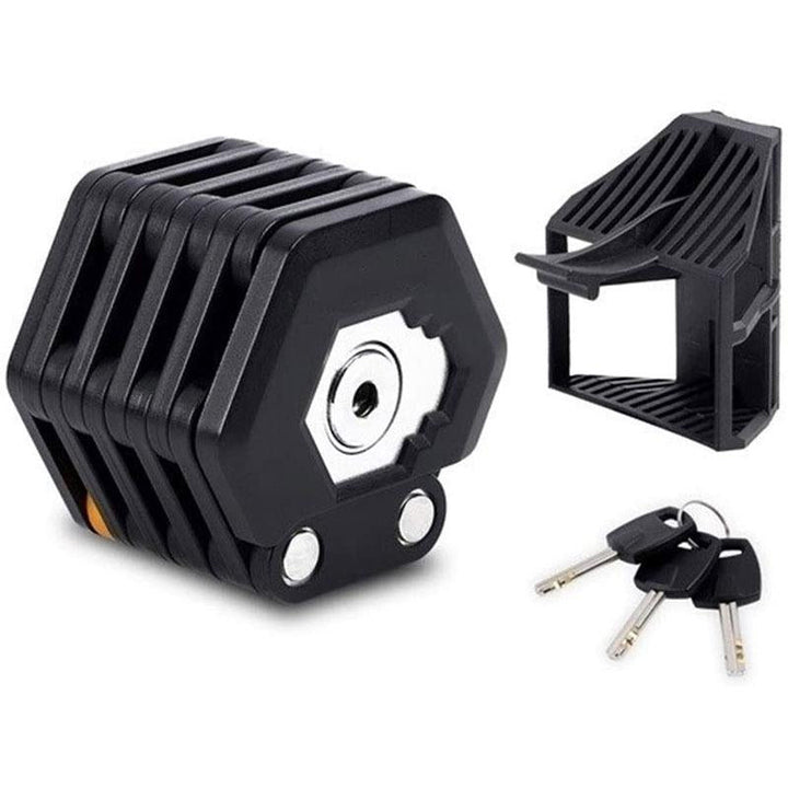 "Hopfällbart starkt cykellås i zinklegering med gummibeläggning, kompakt design, 26 leder för säker cykelförvaring."