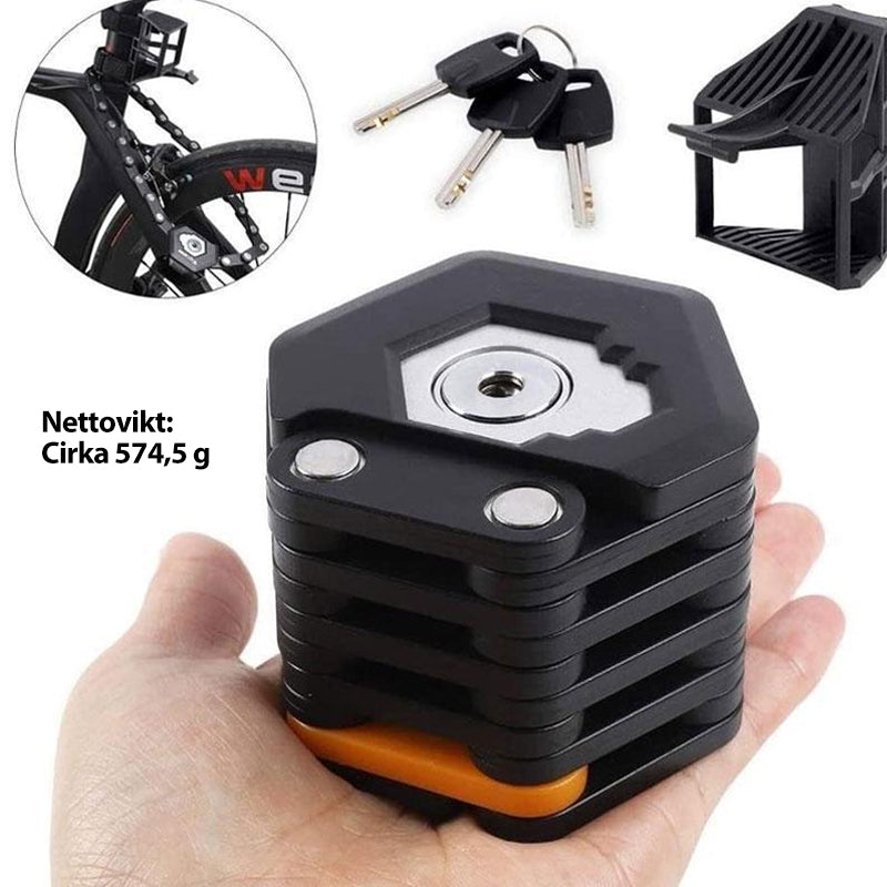 "Hopfällbart starkt cykellås i zinklegering med gummibeläggning, kompakt design, 26 leder för säker cykelförvaring."