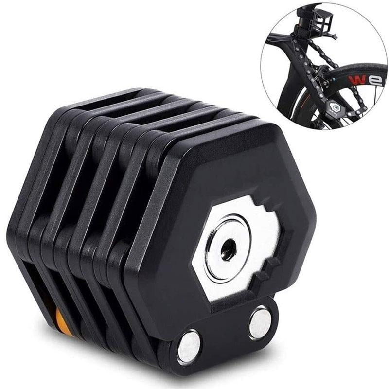 "Hopfällbart starkt cykellås i zinklegering med gummibeläggning, kompakt design, 26 leder för säker cykelförvaring."