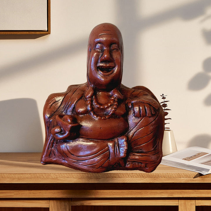 Humoristisk Buddha figur med utsträckt långfinger, gjord av harts, perfekt för skrivbord eller hylla, väcker skratt.