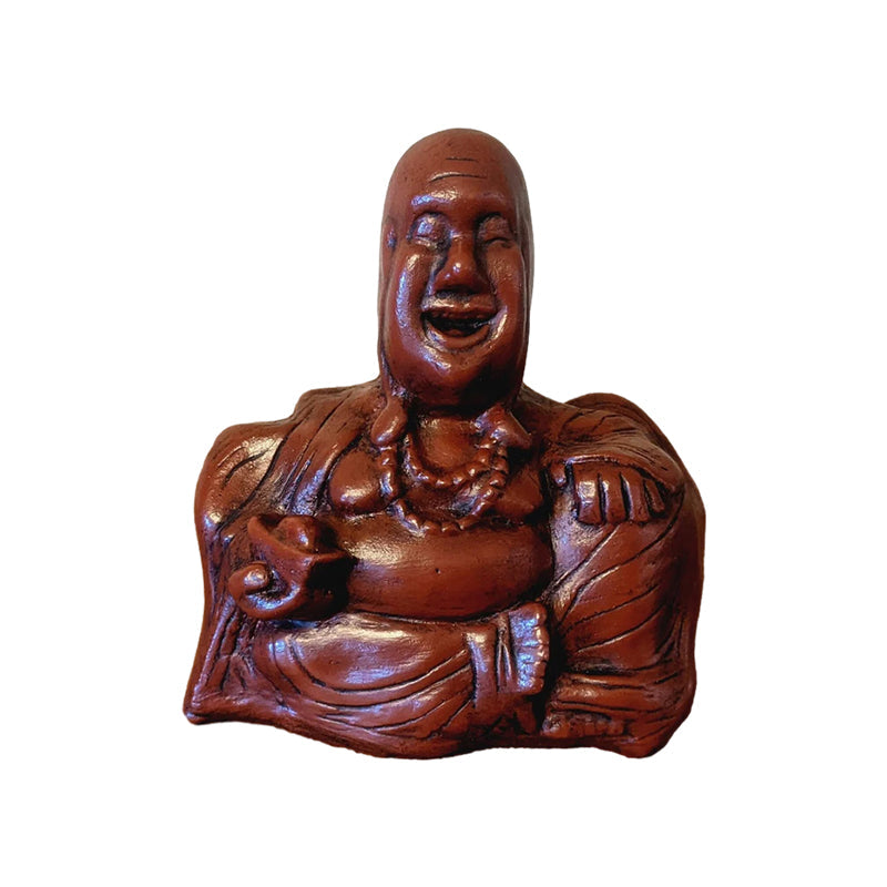 Humoristisk Buddha figur med utsträckt långfinger, gjord av harts, perfekt för skrivbord eller hylla, väcker skratt.
