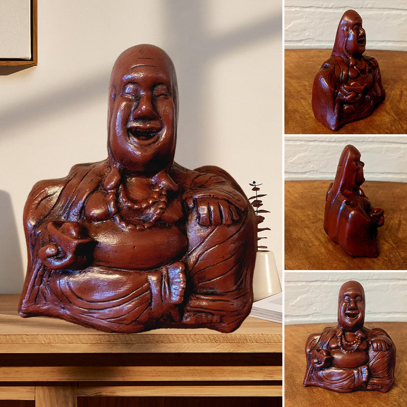 Humoristisk Buddha figur med utsträckt långfinger, gjord av harts, perfekt för skrivbord eller hylla, väcker skratt.