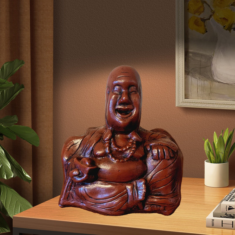 Humoristisk Buddha figur med utsträckt långfinger, gjord av harts, perfekt för skrivbord eller hylla, väcker skratt.