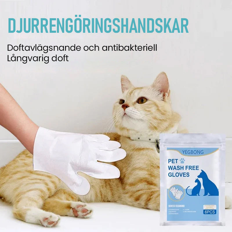 "Husdjursvårdshandskar i vit aluminiumfolie, lätta att använda, ger massage och fuktar pälsen."