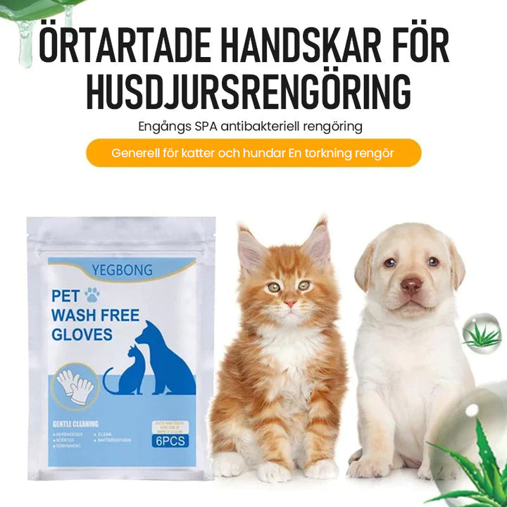 "Husdjursvårdshandskar i vit aluminiumfolie, lätta att använda, ger massage och fuktar pälsen."