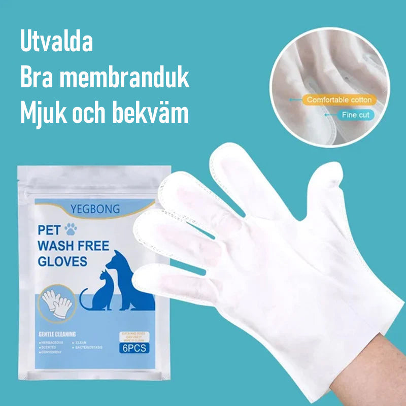 "Husdjursvårdshandskar i vit aluminiumfolie, lätta att använda, ger massage och fuktar pälsen."