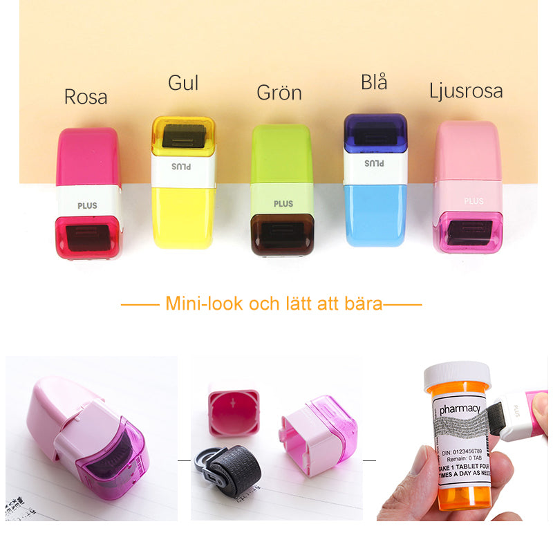 ID-skydd rullande stämpel med krypteringsmönster för privat data, kompakt och färgglad design för verifikation.