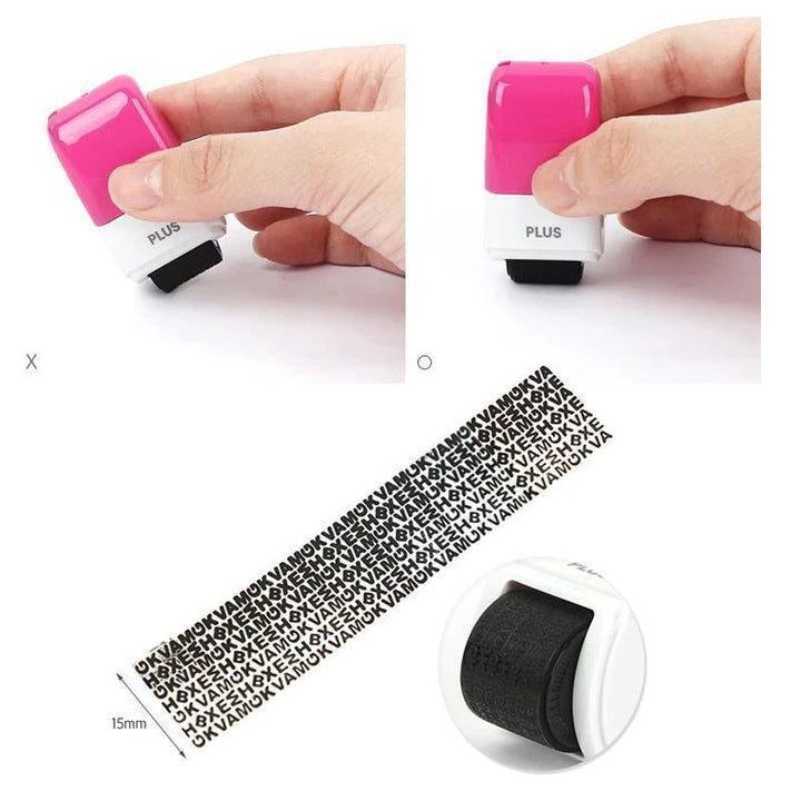 ID-skydd rullande stämpel med krypteringsmönster för privat data, kompakt och färgglad design för verifikation.