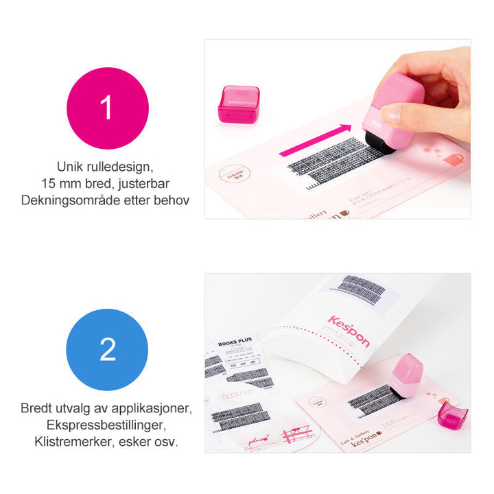 ID-skydd rullande stämpel med krypteringsmönster för privat data, kompakt och färgglad design för verifikation.