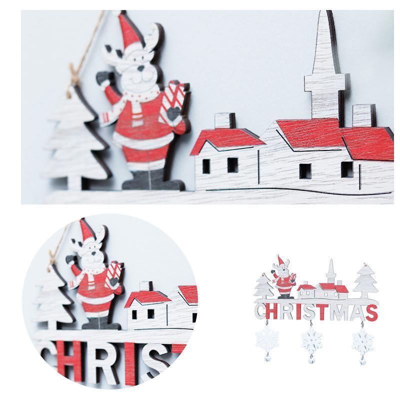 "Jul Välkommen Ornament av Trä - Festlig naturinspirerad dörrdekoration med tomtar och snöflingor, enkelt att hänga."