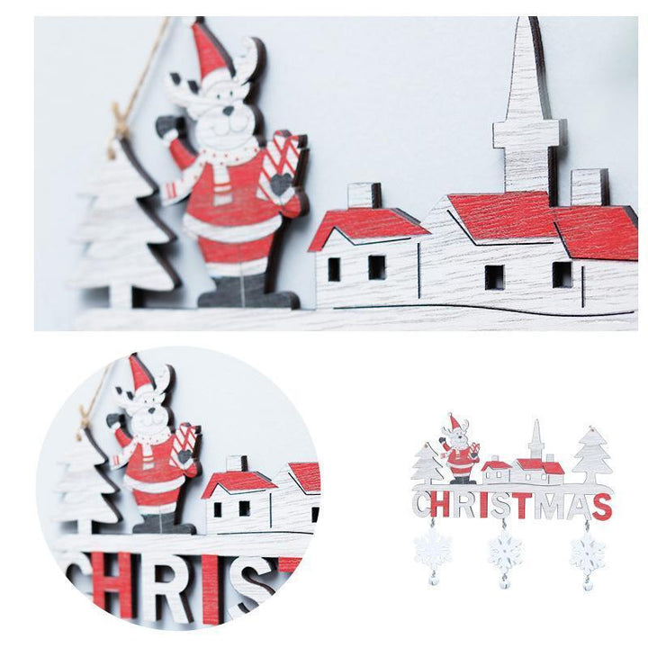 "Jul Välkommen Ornament av Trä - Festlig naturinspirerad dörrdekoration med tomtar och snöflingor, enkelt att hänga."