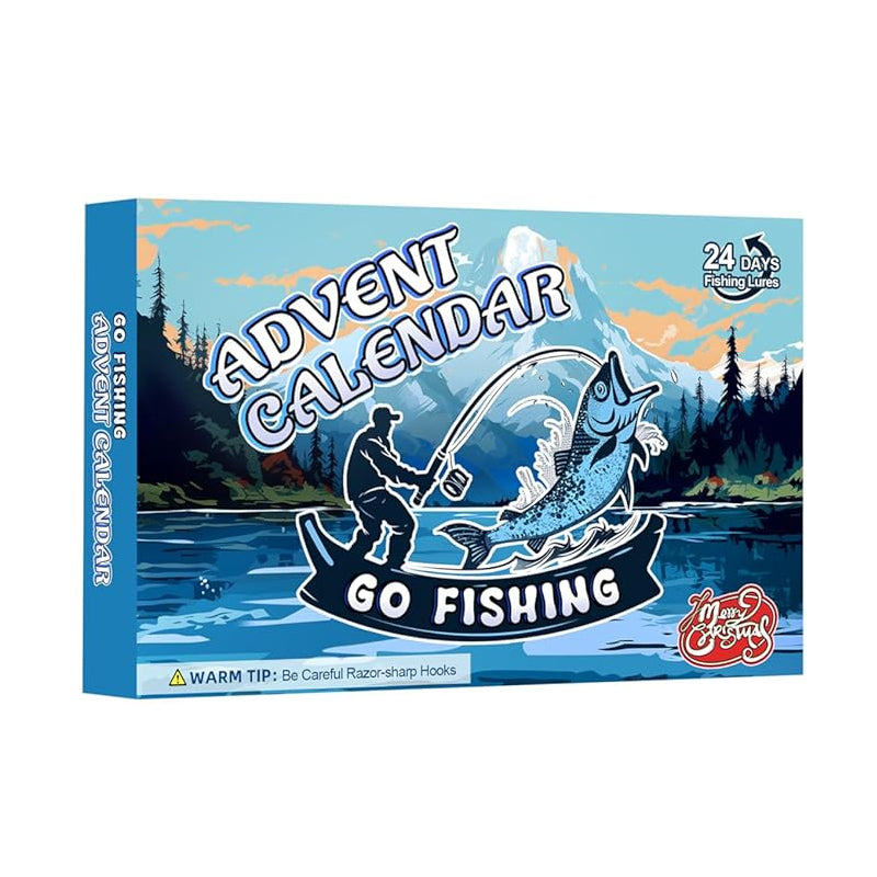 "Julkalendar Fiskeredskap, 24 paket med färgglada fiskedrag och krokar, utställda på brun pappkalender."