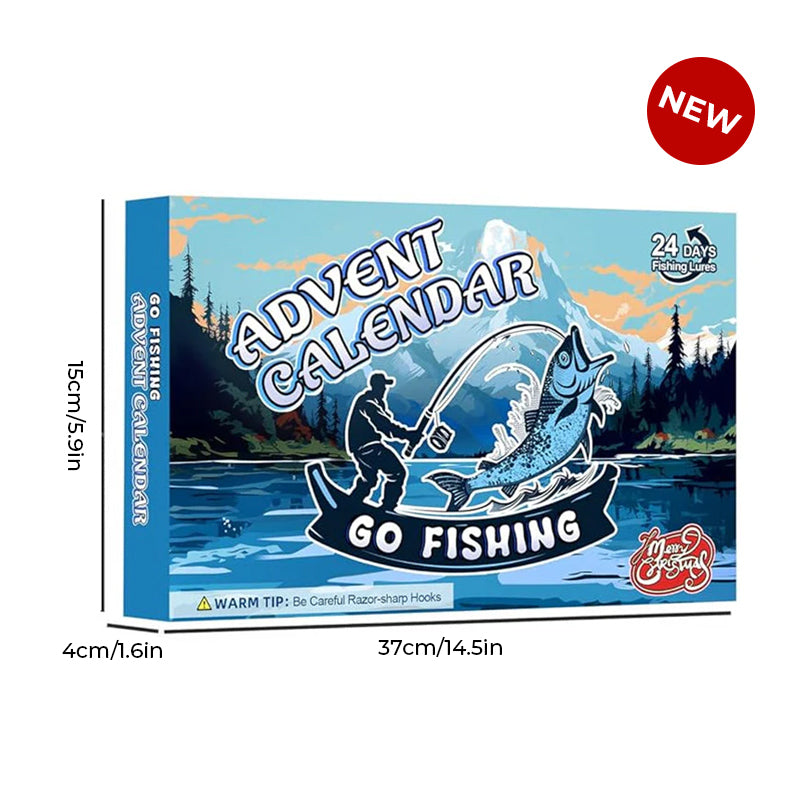 "Julkalendar Fiskeredskap, 24 paket med färgglada fiskedrag och krokar, utställda på brun pappkalender."