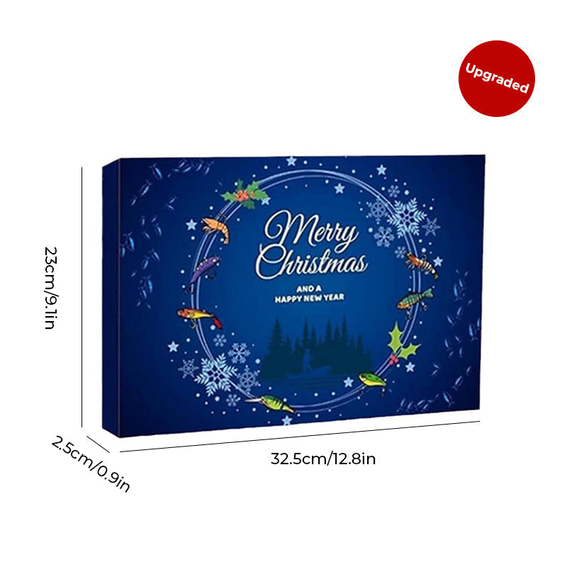 "Julkalendar Fiskeredskap, 24 paket med färgglada fiskedrag och krokar, utställda på brun pappkalender."