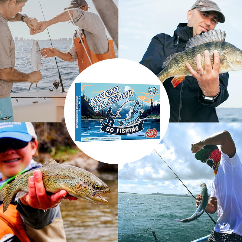 "Julkalendar Fiskeredskap, 24 paket med färgglada fiskedrag och krokar, utställda på brun pappkalender."