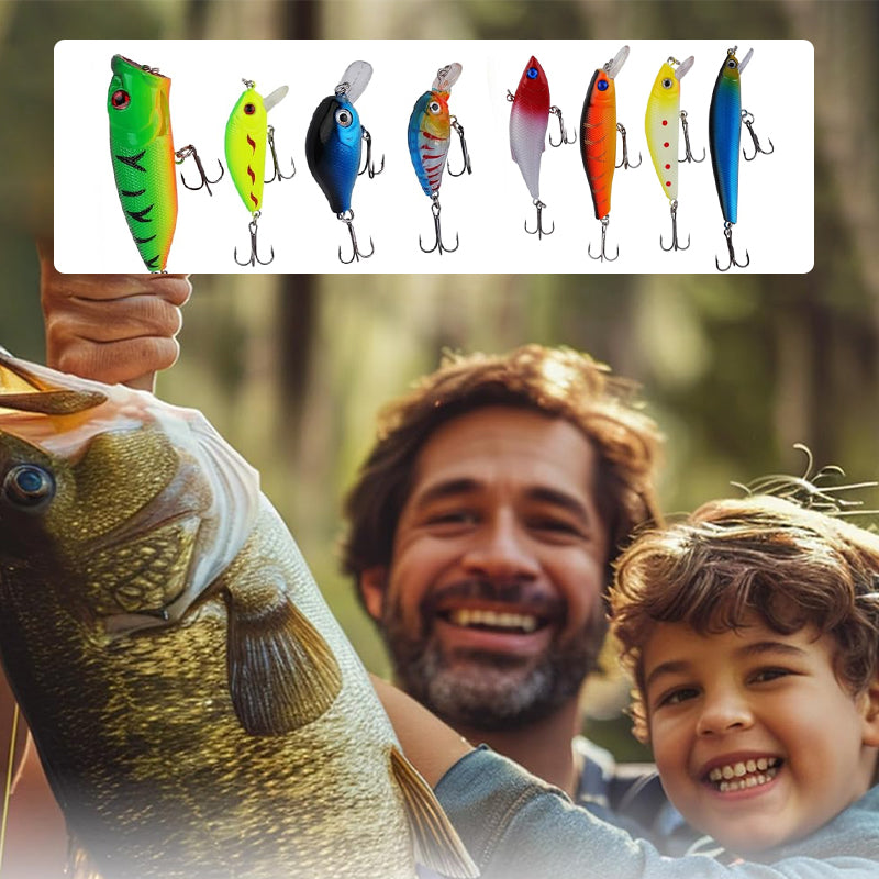 "Julkalendar Fiskeredskap, 24 paket med färgglada fiskedrag och krokar, utställda på brun pappkalender."