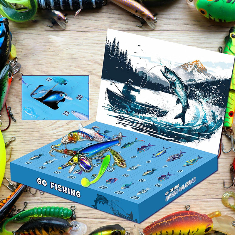 "Julkalendar Fiskeredskap, 24 paket med färgglada fiskedrag och krokar, utställda på brun pappkalender."