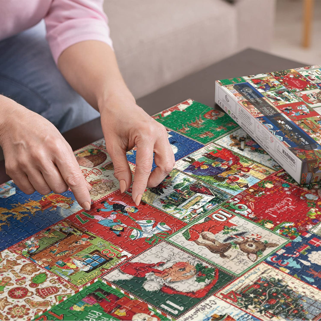 "Julkalender för vuxna med 1000-bitars pussel, visar en detaljrik julbrasa, perfekt för festlig nedräkning."