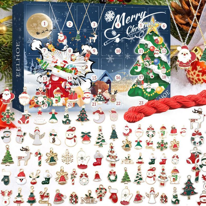 "Julnedräkningskalender för barn med färgglada DIY hängsmycken, detaljerad design, skapar festlig stämning varje dag."