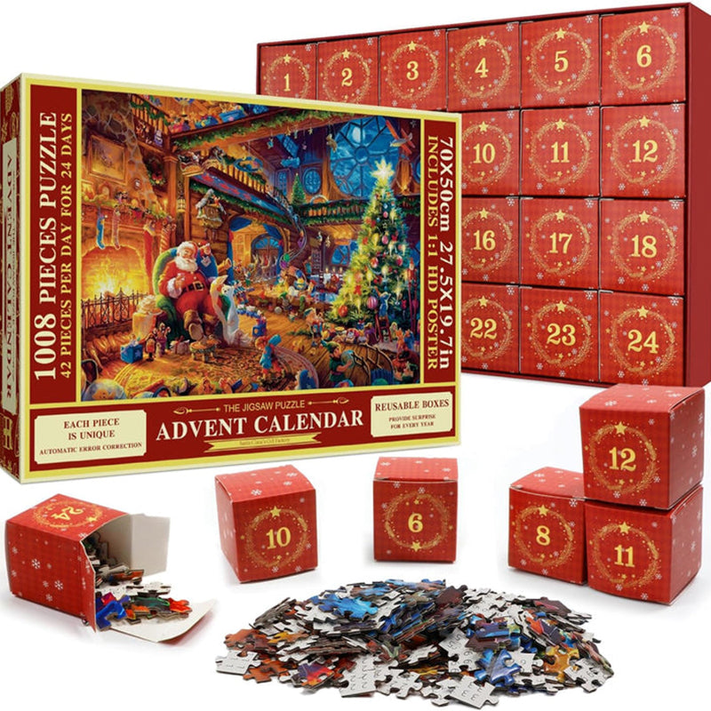 "Julpussel adventskalender med dagliga pusselbitar, bild av färgglada 1008-bitars pusselbitar mot röd bakgrund."