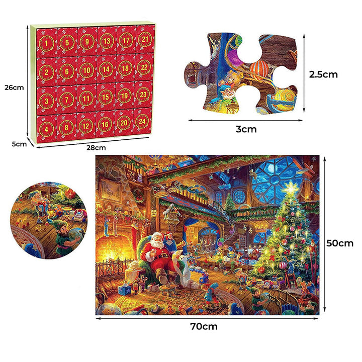 "Julpussel adventskalender med dagliga pusselbitar, bild av färgglada 1008-bitars pusselbitar mot röd bakgrund."