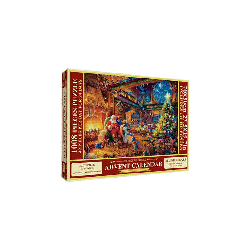 "Julpussel adventskalender med dagliga pusselbitar, bild av färgglada 1008-bitars pusselbitar mot röd bakgrund."