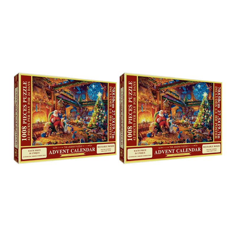 "Julpussel adventskalender med dagliga pusselbitar, bild av färgglada 1008-bitars pusselbitar mot röd bakgrund."