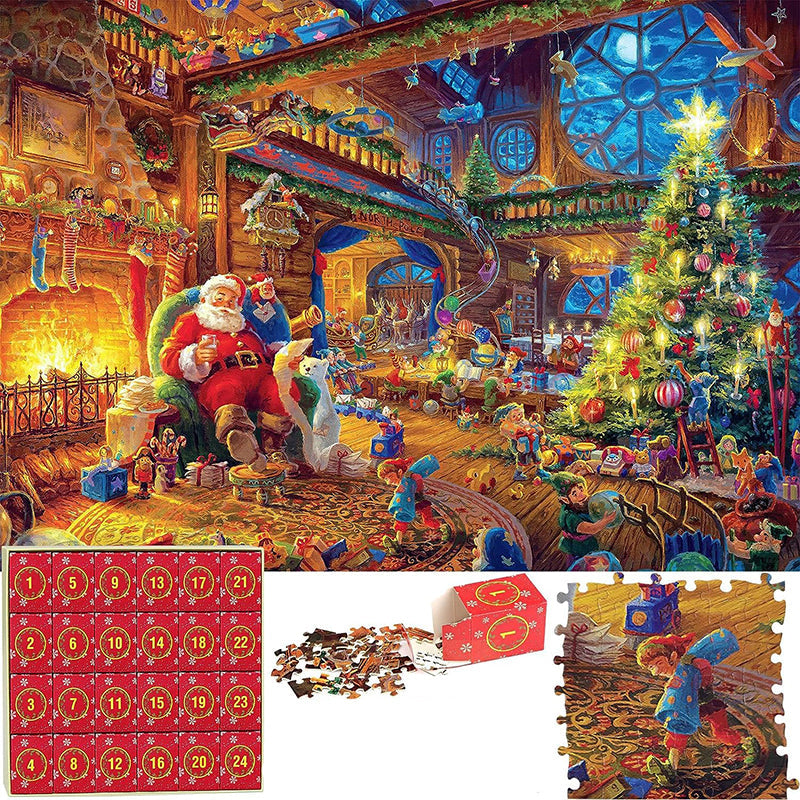 "Julpussel adventskalender med dagliga pusselbitar, bild av färgglada 1008-bitars pusselbitar mot röd bakgrund."