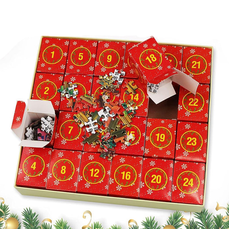 "Julpussel adventskalender med dagliga pusselbitar, bild av färgglada 1008-bitars pusselbitar mot röd bakgrund."