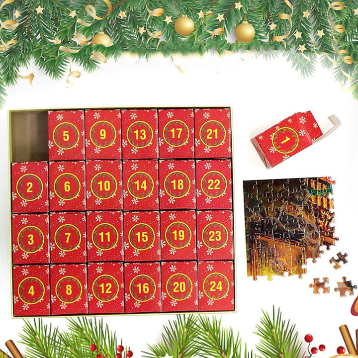 "Julpussel adventskalender med dagliga pusselbitar, bild av färgglada 1008-bitars pusselbitar mot röd bakgrund."