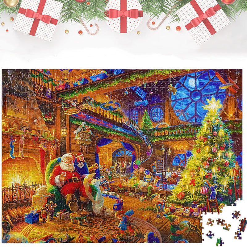"Julpussel adventskalender med dagliga pusselbitar, bild av färgglada 1008-bitars pusselbitar mot röd bakgrund."