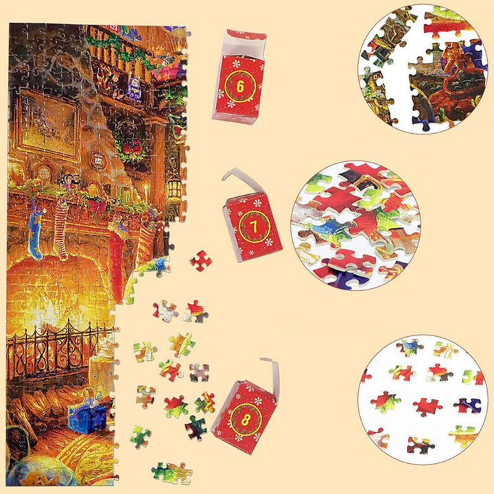 "Julpussel adventskalender med dagliga pusselbitar, bild av färgglada 1008-bitars pusselbitar mot röd bakgrund."
