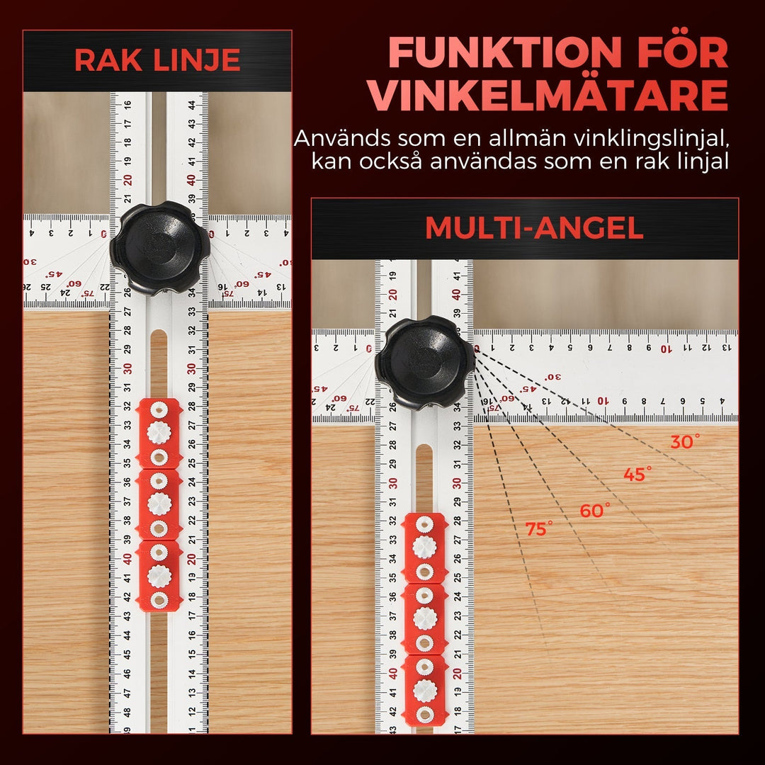 "Justerbar 4 i 1 linjal för borrningspositionering i aluminium, med tydlig UV-skala och ABS-ratt, hopfällbar och hållbar."