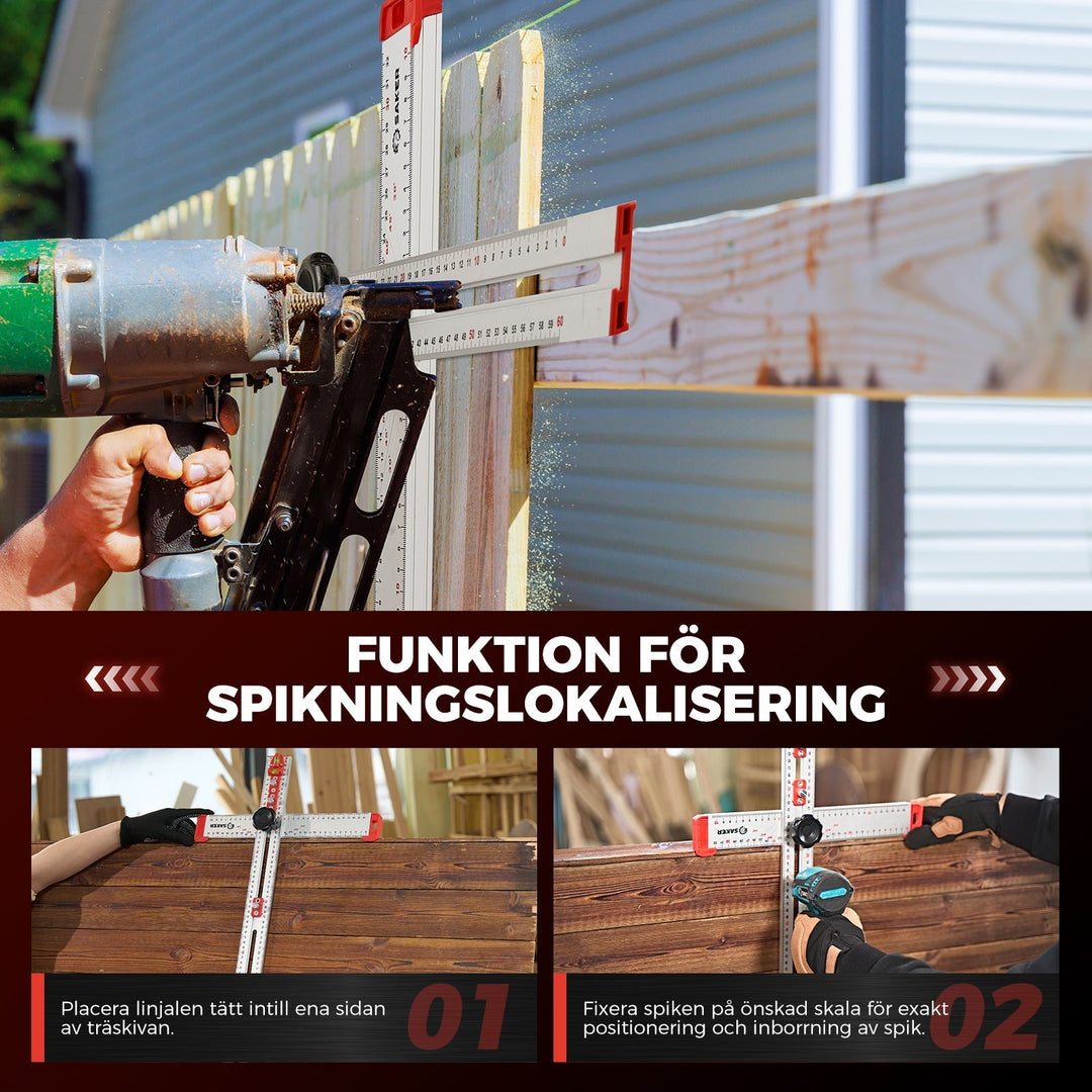 "Justerbar 4 i 1 linjal för borrningspositionering i aluminium, med tydlig UV-skala och ABS-ratt, hopfällbar och hållbar."