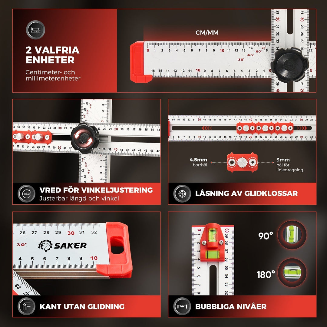 "Justerbar 4 i 1 linjal för borrningspositionering i aluminium, med tydlig UV-skala och ABS-ratt, hopfällbar och hållbar."